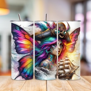 Steampunk Pirate Fairy with Sailing Ship 20oz Skinny Tumbler Wrap PNG | Fantasy Nautical Sublimation Design | Instant Digital Download