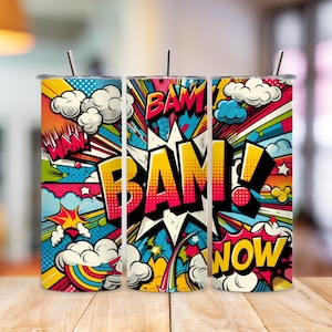 Colorful Comic Book Tumbler Wrap, 20oz Skinny Tumbler PNG, Vibrant Pop Art Sublimation Design, Straight and Tapered Digital Download