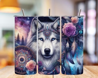 Envoltura para vaso con atrapasueños de lobo bohemio: Diseño floral por sublimación (descarga digital)
