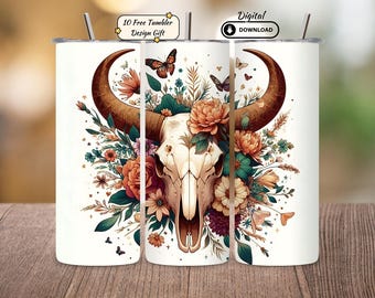 Kuh Schädel Tumbler Wrap, Boho Floral Western Design (Digitaler Download)