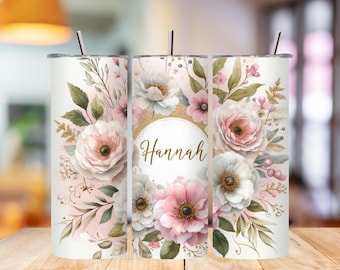 Envoltura floral rosa para vaso: Sublimación dorada sin costuras (Descarga digital)