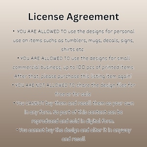 May include: A license agreement document with the title "License Agreement". The document outlines the terms of use for designs, including personal and small commercial use, and restrictions on resale and sharing of design files.