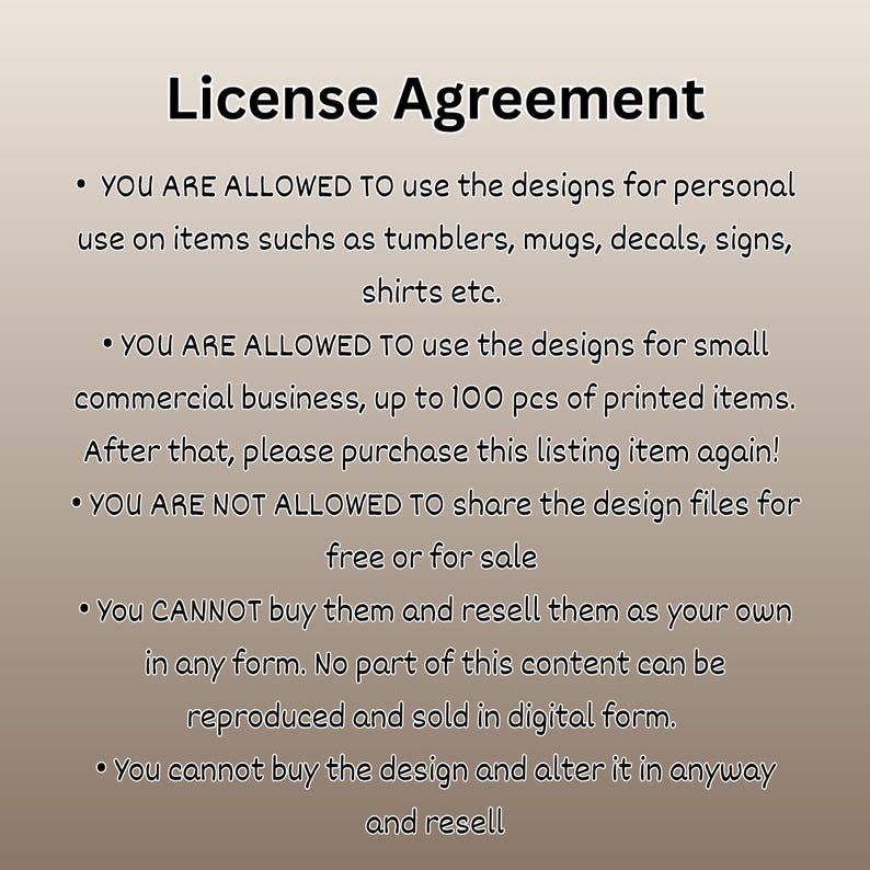 May include: A license agreement document with the title "License Agreement". The document outlines the terms of use for designs, including personal and small commercial use, and restrictions on resale and sharing of design files.