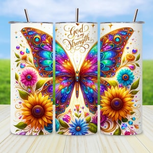 God Is My Strength Tumbler Wrap PNG, 20 oz Skinny Butterfly Floral Sublimation Design for Christian Faith Gift, Digitally Download