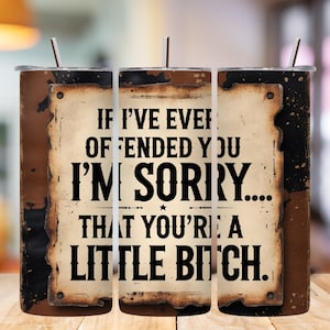 May include: A stainless steel tumbler with a straw, featuring a distressed design. The tumbler has a brown and black background with the text "IF I'VE EVER OFFENDED YOU I'M SORRY.... THAT YOU'RE A LITTLE BITCH."