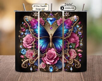 Tumbler con motivo a farfalla e rose, design a sublimazione: bicchiere sottile floreale da 20 once (file PNG scaricabile digitalmente)