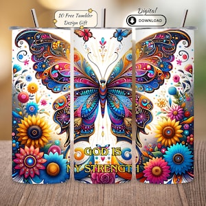 Christian Tumbler Wrap: Butterfly Floral Faith Design (Digital Download 20oz PNG File)