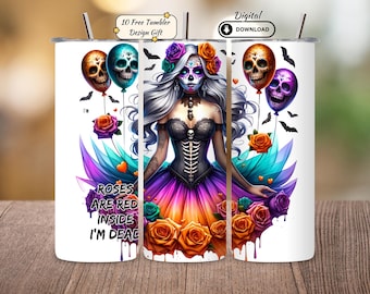 Halloween Tumbler Wrap, Spooky Skull, Roses PNG (Digital Download)