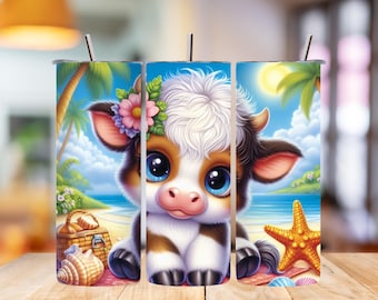 Baby Beach Cow Tumbler Wrap, Summer Cow PNG (Digital Download)