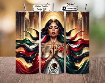 Envoltura para vaso con bandera mexicana: Diseño PNG de mujer latina (Descarga digital, vaso delgado de 20 oz)