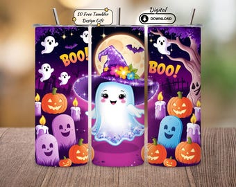 Diseño de sublimación para vaso de Halloween con fantasma y bruja, PNG espeluznante (descarga digital)