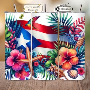 Puerto Rico Tumbler Sublimation Design: Boricua Tropical Flowers (Digital Download 9.3&quot; x 8.2&quot;)