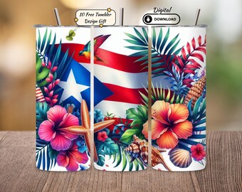 Puerto Rico Tumbler Sublimation Design: Boricua Tropical Flowers (Digital Download 9.3" x 8.2")