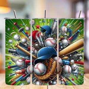 May include: A set of three stainless steel tumblers with baseball-themed graphics. The design features baseballs, bats, gloves, helmets, and stars against a green background. Each tumbler has a silver lid and a straw.