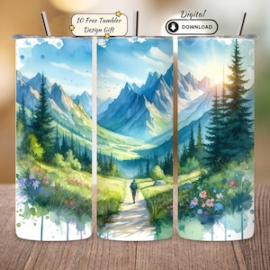Hiking Mountain Trail Tumbler Wrap PNG, Seamless 20 oz Skinny Tumbler Sublimation Design, Hiker Gift for Him, Digital Download Files