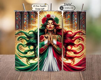 Envoltura para vaso con bandera mexicana: Mujer latina PNG, vaso delgado de 20 oz (descarga digital)