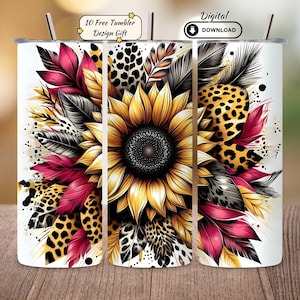 Sunflower Leopard Tumbler Wrap PNG: Glitter Sublimation Design (Digital Download