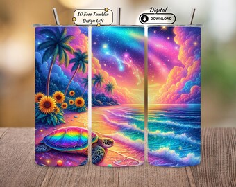 Envoltura para vaso con atardecer en la playa, diseño de sublimación de tortuga marina (descarga digital)