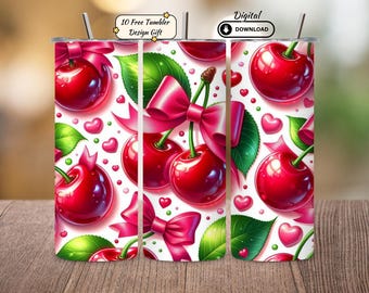 Cherry Bow Tumbler Wrap: Design a sublimazione a forma di cuore di San Valentino (download digitale PNG da 20 once)