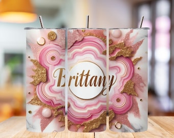 Pink Agate Tumbler Wrap PNG | Gold Marble Glitter 20oz Skinny Design | Personalized Sublimation