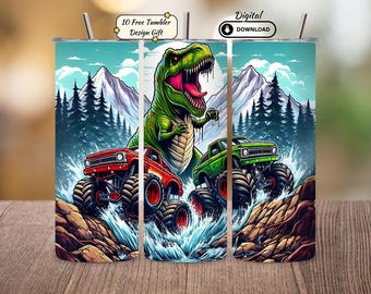 Könnte beinhalten: Ein Becher mit einer Illustration eines grünen Dinosauriers und zwei Monstertrucks, einem roten und einem grünen. Der Hintergrund zeigt Berge und Bäume. Enthält den Text "Digital Download".