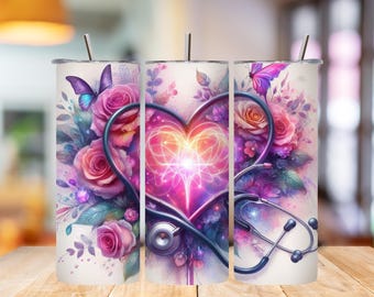 Personalized Nurse Tumbler Wrap: Floral Stethoscope Design (Digital Download)