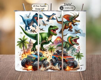 Dino Truck 20oz Tumbler Sublimation Design: Monster Truck Wrap (Digital Download, PNG File)