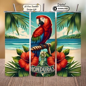 May include: A stainless steel tumbler featuring a vibrant tropical design. A red, blue, and green parrot perches on a rope, with hibiscus flowers and palm leaves. The background shows a beach scene with the word "HONDURAS". Includes a straw and the text "10 Free Tumbler Design Gift".