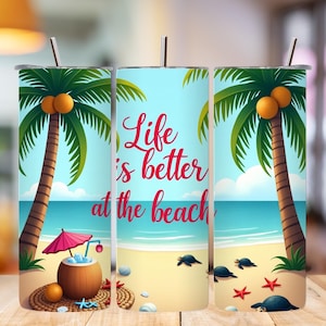 Beach Tumbler Wrap: Summer Turtle & Starfish Sublimation Design (Digital Download)