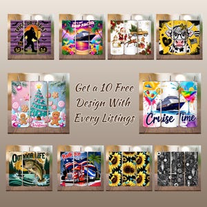 May include: A collection of ten different tumbler designs. The designs include Halloween, cruise ship, Christmas, a cow with glasses, a Christmas tree, gingerbread men, cocktails, a fishing scene, Puerto Rico, and sunflowers. The text "Get a 10 Free Design With Every Listings" is also visible.