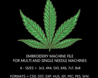 Hemp leaf - Embroidery machine design digital download file, 6 sizes, with and without laydown