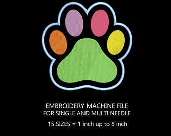May include: A colourful paw print embroidery design for single and multi-needle embroidery machines. The design comes in 15 sizes, ranging from 1 inch to 8 inches. The file formats included are CSD, DST, EXP, HUS, JEF, PEC, PES, SHV, VIP, VP3, and XXX.