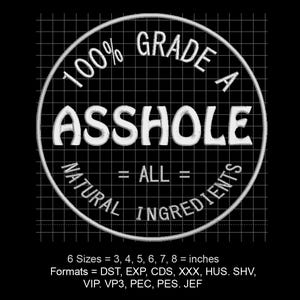 Puede incluir: Un círculo blanco con el texto "100% GRADE A ASSHOLE = ALL = NATURAL INGREDIENTS" en un patrón de cuadrícula en blanco y negro. El texto está en negrita, en blanco. El círculo tiene un diámetro de 20 cm.