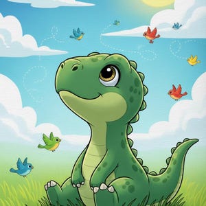 Może przedstawiać: Kresk&oacute;wkowa ilustracja przyjaznego zielonego dinozaura siedzącego na trawie, patrzącego w g&oacute;rę na uśmiechnięte słońce. Kolorowe ptaki latają po błękitnym niebie z puszystymi białymi chmurami. Dinozaur ma duże, wyraziste oczy.
