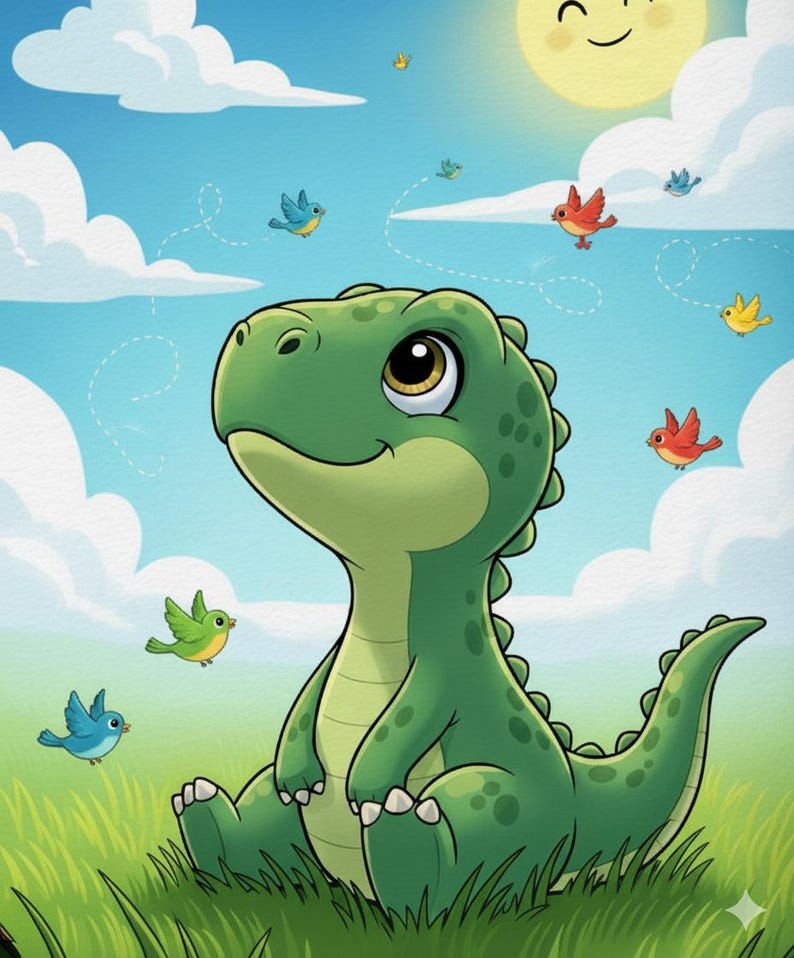 Może przedstawiać: Kresk&oacute;wkowa ilustracja przyjaznego zielonego dinozaura siedzącego na trawie, patrzącego w g&oacute;rę na uśmiechnięte słońce. Kolorowe ptaki latają po błękitnym niebie z puszystymi białymi chmurami. Dinozaur ma duże, wyraziste oczy.