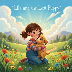 Può includere: Illustrazione di una ragazzina che abbraccia un cucciolo dorato in un campo di fiori selvatici. La ragazza indossa una maglia a righe e una tuta blu. Il titolo "Lila and the Lost Puppy" è nella parte superiore dell'immagine, con un arcobaleno sullo sfondo.