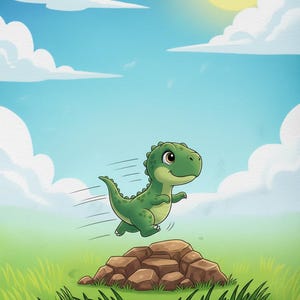 Może przedstawiać: Kresk&oacute;wkowa ilustracja zielonego dinozaura skaczącego nad formacją skalną. Dinozaur uśmiecha się, z wesołym słońcem w tle. Scena rozgrywa się na trawiastym polu pod błękitnym niebem z puszystymi białymi chmurami.