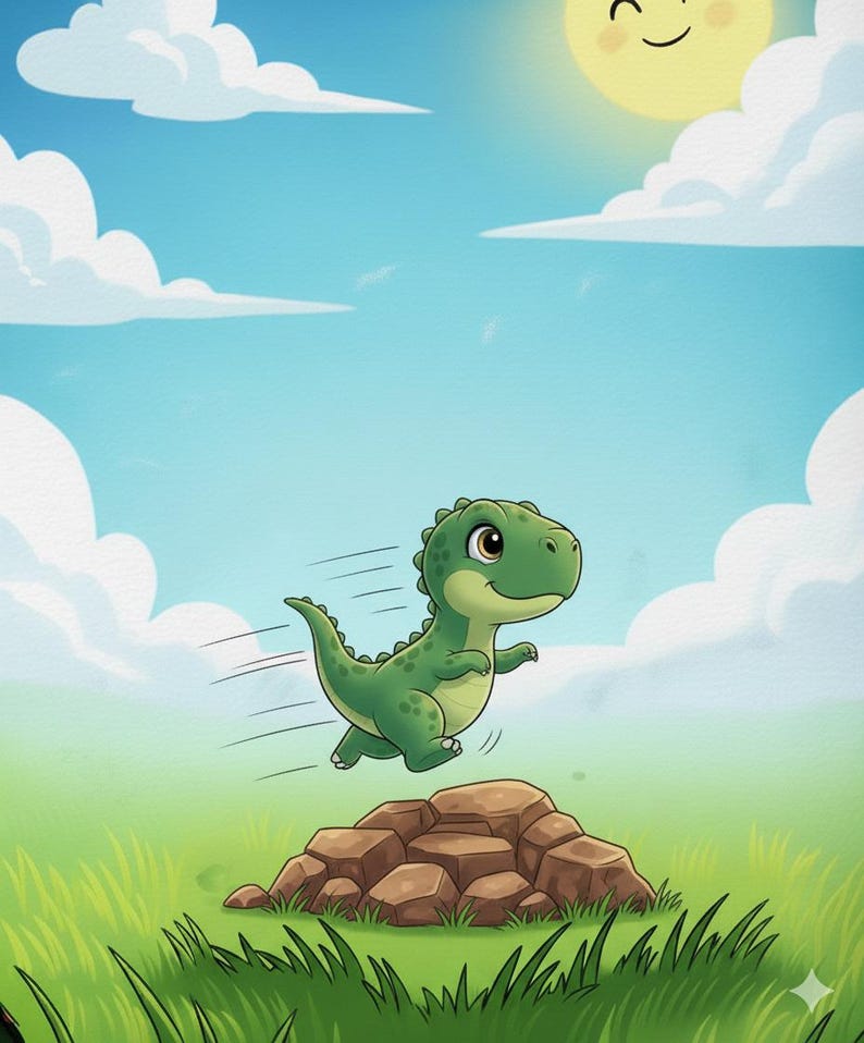 Może przedstawiać: Kresk&oacute;wkowa ilustracja zielonego dinozaura skaczącego nad formacją skalną. Dinozaur uśmiecha się, z wesołym słońcem w tle. Scena rozgrywa się na trawiastym polu pod błękitnym niebem z puszystymi białymi chmurami.