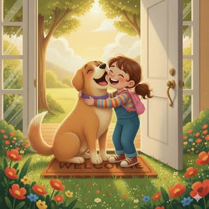 May include: A heartwarming illustration of a girl hugging a golden-brown dog. The dog wears a purple collar and sits on a welcome mat. The girl wears a striped shirt, blue overalls, and a pink backpack. The scene is set in a sunny doorway with flowers.