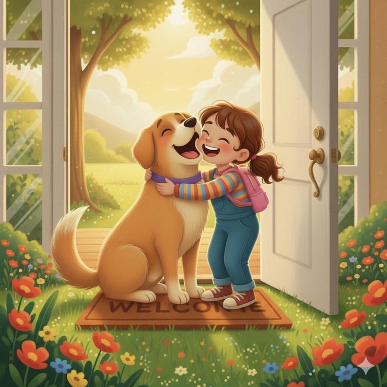 May include: A heartwarming illustration of a girl hugging a golden-brown dog. The dog wears a purple collar and sits on a welcome mat. The girl wears a striped shirt, blue overalls, and a pink backpack. The scene is set in a sunny doorway with flowers.