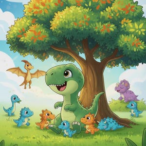 Może przedstawiać: Kolorowa ilustracja przyjaznego zielonego dinozaura otoczonego mniejszymi dinozaurami w r&oacute;żnych kolorach. Drzewo z zielonymi i pomarańczowymi liśćmi zapewnia cień. Pterodaktyl lata w tle, wszystko na tle błękitnego nieba.