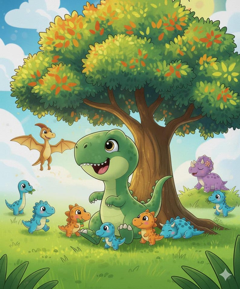 Może przedstawiać: Kolorowa ilustracja przyjaznego zielonego dinozaura otoczonego mniejszymi dinozaurami w r&oacute;żnych kolorach. Drzewo z zielonymi i pomarańczowymi liśćmi zapewnia cień. Pterodaktyl lata w tle, wszystko na tle błękitnego nieba.
