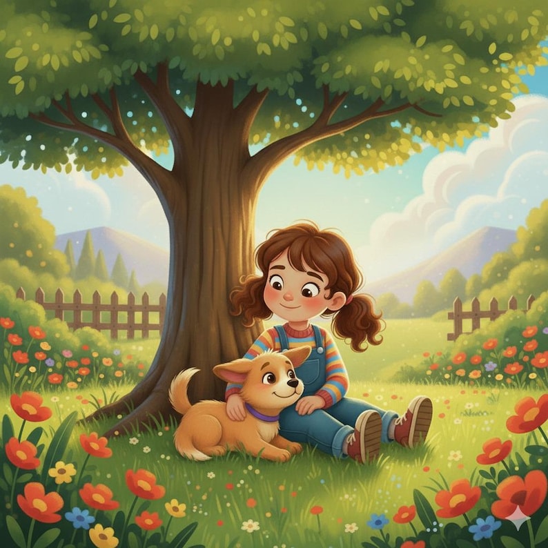 May include: A digital illustration depicts a young person and a puppy sitting under a large tree. The person wears a striped shirt and overalls, while the puppy has a purple collar. The scene is set in a vibrant green field with colorful flowers and a wooden fence.
