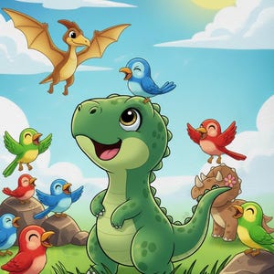 Może przedstawiać: Kolorowa ilustracja z kresk&oacute;wki przedstawiająca przyjaznego zielonego dinozaura otoczonego wesołymi ptakami. Uśmiechnięte słońce świeci na błękitnym niebie. Scena rozgrywa się na trawiastym polu ze skałami, tworząc zabawną i zachęcającą atmosferę.