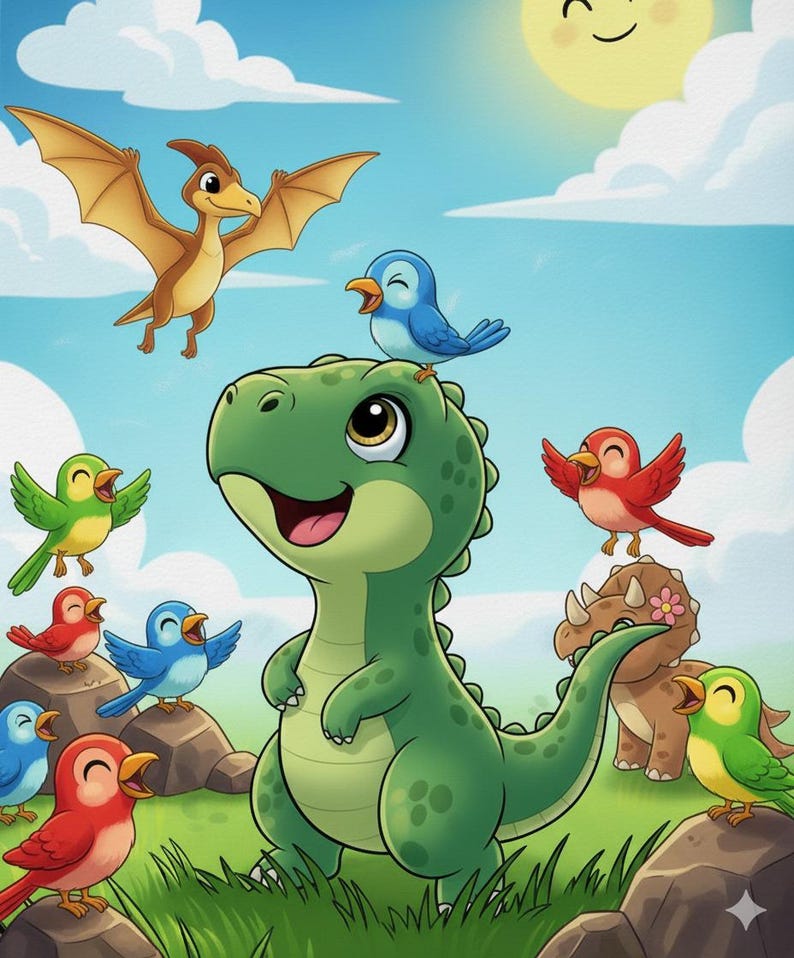 Może przedstawiać: Kolorowa ilustracja z kresk&oacute;wki przedstawiająca przyjaznego zielonego dinozaura otoczonego wesołymi ptakami. Uśmiechnięte słońce świeci na błękitnym niebie. Scena rozgrywa się na trawiastym polu ze skałami, tworząc zabawną i zachęcającą atmosferę.