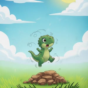 Może przedstawiać: Kresk&oacute;wkowa ilustracja zielonego dinozaura skaczącego nad formacją skalną. Dinozaur ma zaskoczoną minę, na tle błękitnego nieba, puszystych chmur i uśmiechniętego słońca. Zielona trawa wypełnia pierwszy plan.