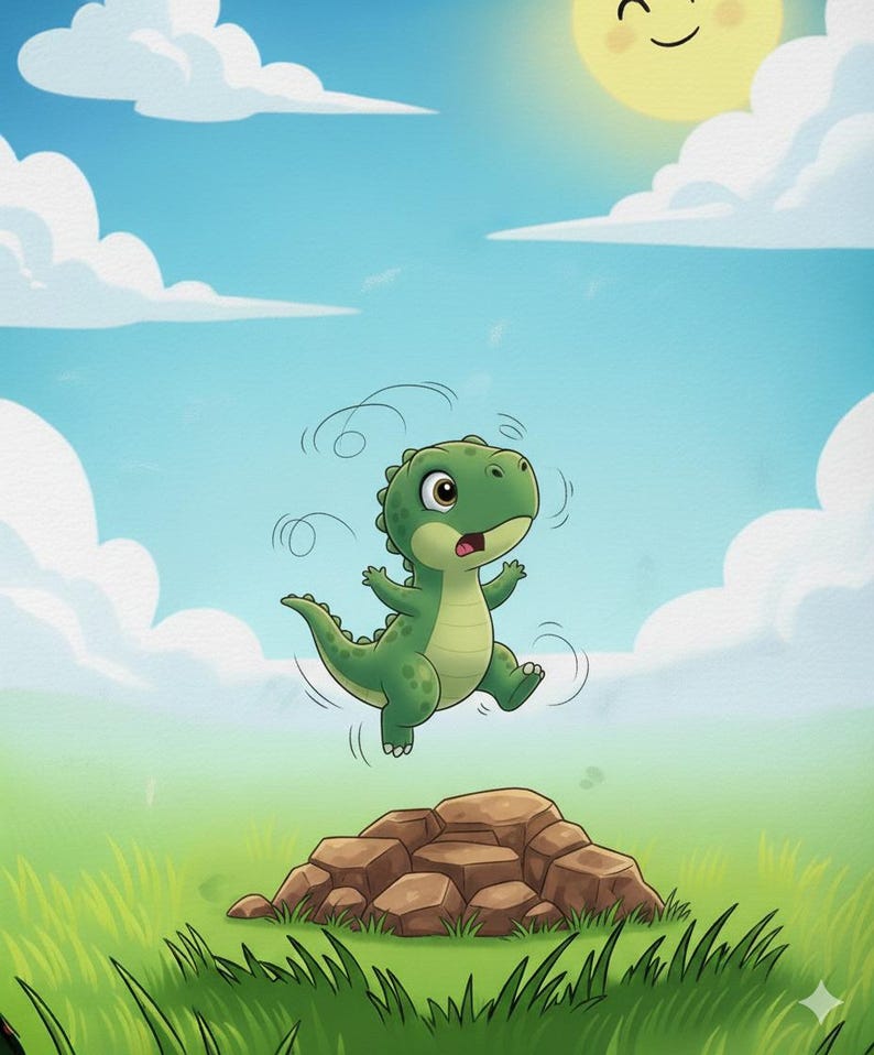 Może przedstawiać: Kresk&oacute;wkowa ilustracja zielonego dinozaura skaczącego nad formacją skalną. Dinozaur ma zaskoczoną minę, na tle błękitnego nieba, puszystych chmur i uśmiechniętego słońca. Zielona trawa wypełnia pierwszy plan.