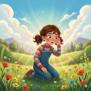 May include: A digital illustration of a young person kneeling in a field of wildflowers. They wear a rainbow striped sweater, blue overalls, and brown shoes. The person has brown hair in pigtails and is cupping their ear, looking surprised. The background features a sunny sky and rolling hills.