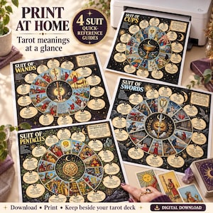 May include: Four printable tarot reference guides featuring the Suits of Cups, Wands, Swords, and Pentacles. Each circular chart displays detailed card meanings, elemental associations, and central illustrations on a dark background.