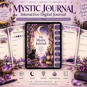 May include: A digital tablet displays the cover of My Mystic Journal, featuring a black cat, a crescent moon, and purple flowers. Surrounding the tablet are interactive journal pages for tarot, moon planning, dreams, and manifestation, all decorated with purple floral motifs.